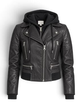 Alice + Olivia Black Lamb Leather Hooded Moto Biker Jacket Small S